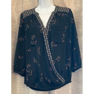 Maurices Floral Print Blouse Small‎ 3/4 Sleeve Black Boho Bohemian Top